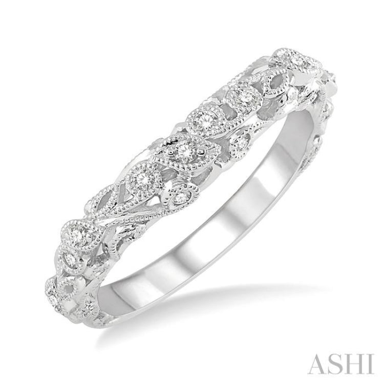 1/6 ctw Lattice Leaf and Circular Motif Round Cut Diamond Wedding Band in 14K White Gold
