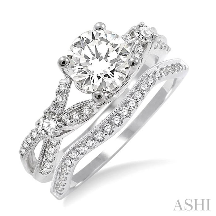 1 ctw Diamond Wedding Set with 7/8 ctw Round Cut Engagement Ring and 1/6 ctw Wedding Band in 14K White Gold