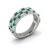 Diamond Baguette And Emerald Three Row Ring