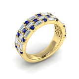 Diamond Baguette And Blue Sapphire Three Row Ring