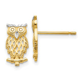 14k w/Rhodium Polished Cut-out Owl Post Earrings