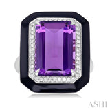 14x10 MM Emerald Cut Amethyst and 1/5 Ctw Round Cut Diamond Halo & Black Enamel Border Semi-Precious Ring in 14K White Gold