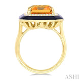 14x10 MM Emerald Cut Citrine and 1/5 Ctw Round Cut Diamond Halo & Black Enamel Border Semi-Precious Ring in 14K Yellow Gold