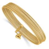 14K Polished and Textured with Dangle Heart 7-Strand 11.00mm Slip-on Round Bangle Bracelet