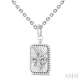 1/10 Ctw Rectangle fluted medallion Round Cut Diamond Pirouette Fleur-De-Lis Pendant With Chain in Sterling Silver