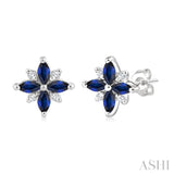 4X2 MM Marquise Shape Sapphire and 1/10 Ctw Round Cut Diamond Blossom Earrings in 10K White Gold