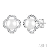 5 MM Cultured Pearl and 1/6 Ctw Round Cut Diamond Clover Petite Fashion Earrings in 10K White Gold