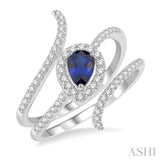 6x4 MM Pear Shape Sapphire and 1/3 Ctw Round Cut Diamond Precious Ring in 14K White Gold