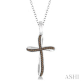 1/6 ctw Round Cut Champagne Brown Diamond Cross Pendant in Sterling Silver with Chain