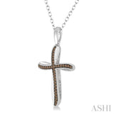 1/6 ctw Round Cut Champagne Brown Diamond Cross Pendant in Sterling Silver with Chain