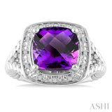 10 MM Cushion Shape Amethyst and 1/20 Ctw Round Cut Diamond Semi-precious Ring in Sterling Silver