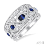4x3 MM Oval, 2.8 MM and 2.4 MM Round Cut Sapphire and 3/8 Ctw Criss Cross Framework Single Cut Diamond Precious Band in 14K White Gold