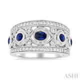 4x3 MM Oval, 2.8 MM and 2.4 MM Round Cut Sapphire and 3/8 Ctw Criss Cross Framework Single Cut Diamond Precious Band in 14K White Gold
