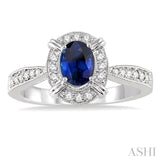 6x4 MM Oval Shape Sapphire and 1/6 Ctw Single Cut Diamond Ring in 10K White Gold