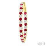 2.3 MM Round Ruby and 1 1/2 Ctw Round Cut Diamond Inside & Outside Alternating Precious Hoop Earrings in 14K Yellow Gold
