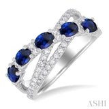 4x3 MM Oval Cut Sapphire and 1/2 Ctw Single Cut Diamond Split Criss Cross Precious Band in 14K White Gold