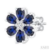 4X3 MM Floral Blossom Pear Cut Sapphire and 1/20 Ctw Round Cut Diamond Precious Stud Earring in 14K White Gold