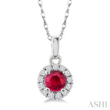 3.25 MM Round Ruby and 1/20 Ctw Single Cut Diamond Halo Precious Pendant with Chain in 10K White Gold