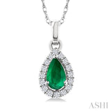 5x3 MM Pear Shape Emerald and 1/20 Ctw Single Cut Diamond Halo Precious Pendant with Chain in 10K White Gold