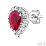 5x3 MM Pear Shape Ruby and 1/8 Ctw Single Cut Diamond Halo Precious Stud Earrings in 14K White Gold