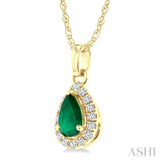 5x3 MM Pear Shape Emerald and 1/20 Ctw Round Cut Diamond Halo Precious Pendant with Chain in 10K Yellow Gold