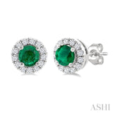 3.25 MM Round Emerald and 1/10 Ctw Single Cut Diamond Halo Precious Stud Earrings in 14K White Gold