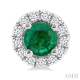 3.25 MM Round Emerald and 1/10 Ctw Single Cut Diamond Halo Precious Stud Earrings in 14K White Gold