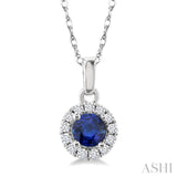 3.25 MM Round Sapphire and 1/20 Ctw Single Cut Diamond Halo Precious Pendant with Chain in 10K White Gold