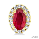 5x3 MM Oval Shape Ruby and 1/8 Ctw Single Cut Diamond Halo Precious Stud Earrings in 10K Yellow Gold