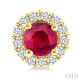 3.25 MM Round Ruby and 1/10 Ctw Single Cut Diamond Halo Precious Stud Earrings in 10K Yellow Gold