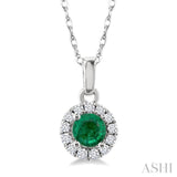 3.25 MM Round Emerald and 1/20 Ctw Single Cut Diamond Halo Precious Pendant with Chain in 10K White Gold