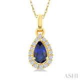 5x3 MM Pear Shape Sapphire and 1/20 Ctw Single Cut Diamond Halo Precious Pendant with Chain in 10K Yellow Gold