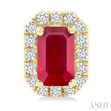 5x3 MM Octagonal Shape Ruby and 1/8 Ctw Single Cut Diamond Halo Precious Stud Earrings in 10K Yellow Gold