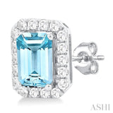 6x4 MM Octagonal Shape Aquamarine and 1/4 Ctw Round Cut Diamond Halo Semi-Precious Stud Earrings in 14K White Gold