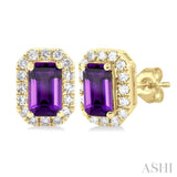 5x3 MM Octagonal Shape Amethyst and 1/8 Ctw Single Cut Diamond Halo Semi-Precious Stud Earrings in 14K Yellow Gold