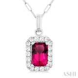 6x4 MM Octagonal Shape Pink Tourmaline and 1/6 Ctw Round Cut Diamond Halo Semi-Precious Pendant with Chain in 10K White Gold