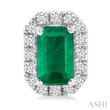 5x3 MM Octagonal Shape Emerald and 1/8 Ctw Single Cut Diamond Halo Precious Stud Earrings in 14K White Gold