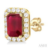 6x4 MM Octagonal Shape Ruby and 1/4 Ctw Round Cut Diamond Halo Precious Stud Earrings in 10K Yellow Gold