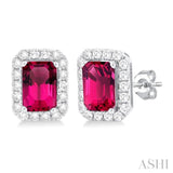 6x4 MM Octagonal Shape Pink Tourmaline and 1/4 Ctw Round Cut Diamond Halo Semi-Precious Stud Earrings in 14K White Gold