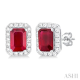 6x4 MM Octagonal Shape Ruby and 1/4 Ctw Round Cut Diamond Halo Precious Stud Earrings in 10K White Gold