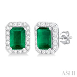 6x4 MM Octagonal Shape Emerald and 1/4 Ctw Round Cut Diamond Halo Precious Stud Earrings in 14K White Gold