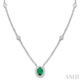 6x4 MM Oval Cut Emerald and 1/6 Ctw Round Cut Diamond Necklace in 14K White Gold