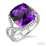 12x12 MM Cushion Cut Amethyst and 1/3 Ctw Round Cut Diamond Semi-Precious Ring in 14K White Gold