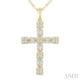 1/3 Ctw Geometric Cross Fusion Baguette and Round Cut Diamond Fashion Pendant With Chain in 14K Yellow Gold