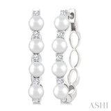1/4 Ctw 4MM White Pearl and Round Cut Diamond Fashion Hoop Earrings in 14K White Gold
