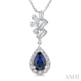 6X4MM Pear Cut  Sapphire, Round and 1/4 Ctw  Baguette Cut Scatter Diamond Precious Fashion Pendant With Chain in 10K White Gold