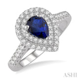7x5 MM Pear Shape Sapphire and 1/2 Ctw Round Cut Diamond Precious Ring in 14K White Gold
