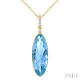 22X8 MM Evoque Gemstones Oval Shape Blue Topaz and 1/20 Ctw Round Cut Diamond Semi-Precious Pendant With Chain in 14K Yellow Gold