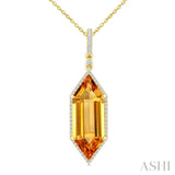 22X8 MM Evoque Gemstone Hexagon Shape Citrine and 1/4 Ctw Round Cut Diamond Semi-Precious Pendant With Chain in 14K Yellow Gold