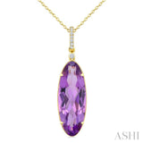 22X8 MM Evoque Gemstones Oval Shape Amethyst and 1/20 Ctw Round Cut Diamond Semi-Precious Pendant With Chain in 14K Yellow Gold